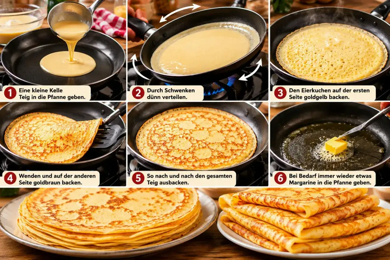 Schritt-für-Schritt-Anleitung für ein einfaches Eierkuchen Rezept: Teig in die Pfanne, dünn verteilen, backen, wenden und stapeln.