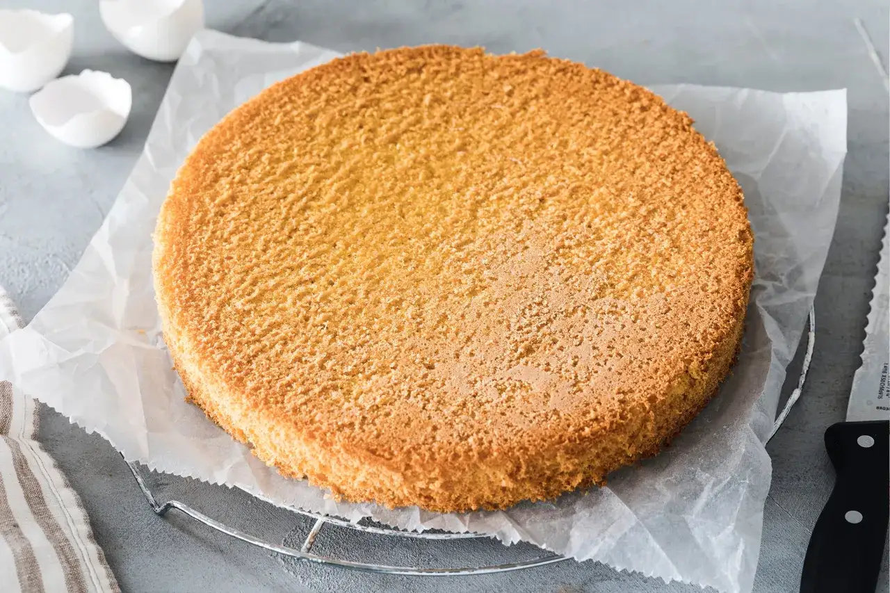 Ein goldbrauner Biskuitboden, perfekt für jedes biskuitboden rezept, liegt auf einem Kuchengitter. Eierschalen im Hintergrund deuten auf die Zubereitung hin.