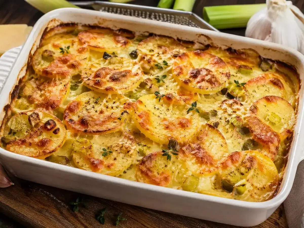 Herzhaftes Kartoffel Lauch Gratin, goldbraun gebacken, mit frischen Kräutern garniert. Ein Genuss für jeden Tag.