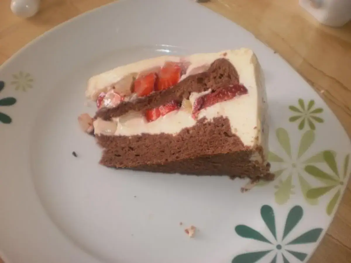Ein Stück Bayrisch Creme Torte mit Schokoboden, Sahne und Erdbeeren auf einem Teller mit Blumenmuster.