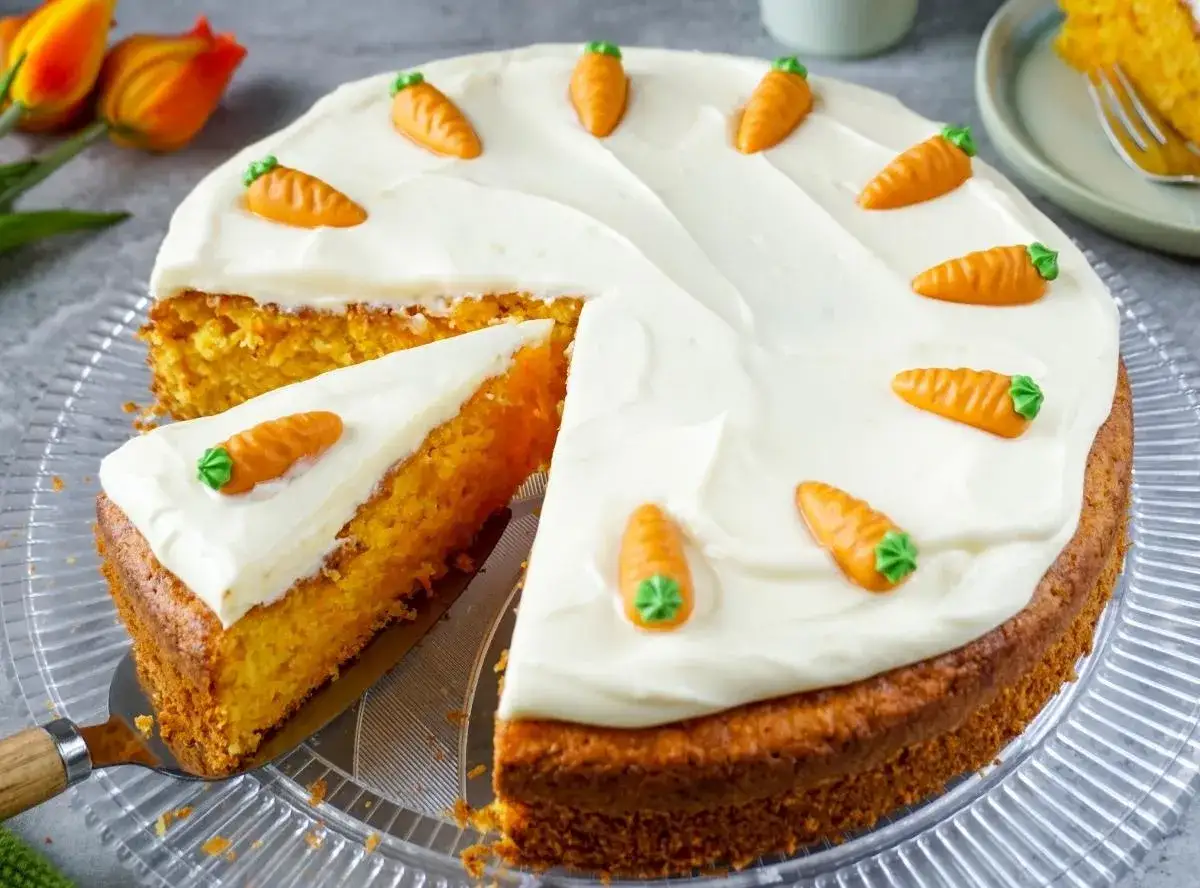 Ein saftiger Karottenkuchen mit cremigem Frosting, verziert mit kleinen Marzipankarotten. Ein köstlicher Genuss für jeden Anlass.