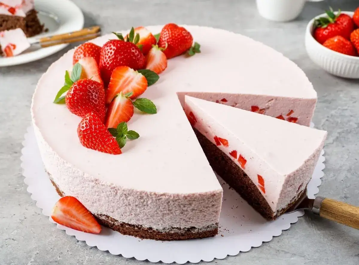 Ein köstlicher Erdbeer Schmand Kuchen in Springform, dekoriert mit frischen Erdbeeren und Minze. Ein Stück wurde bereits entnommen.