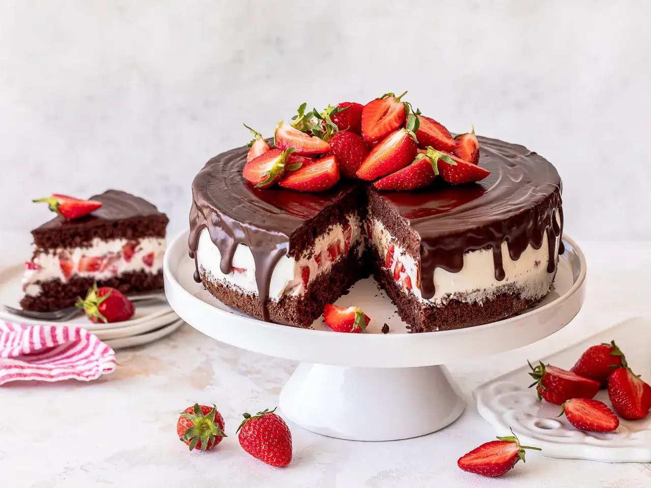 Schokoladenkuchen mit Sahne und Erdbeeren, überzogen mit dunkler Schokolade. Ein Stück dieser köstlichen Yogurette Torte ist bereits angeschnitten.