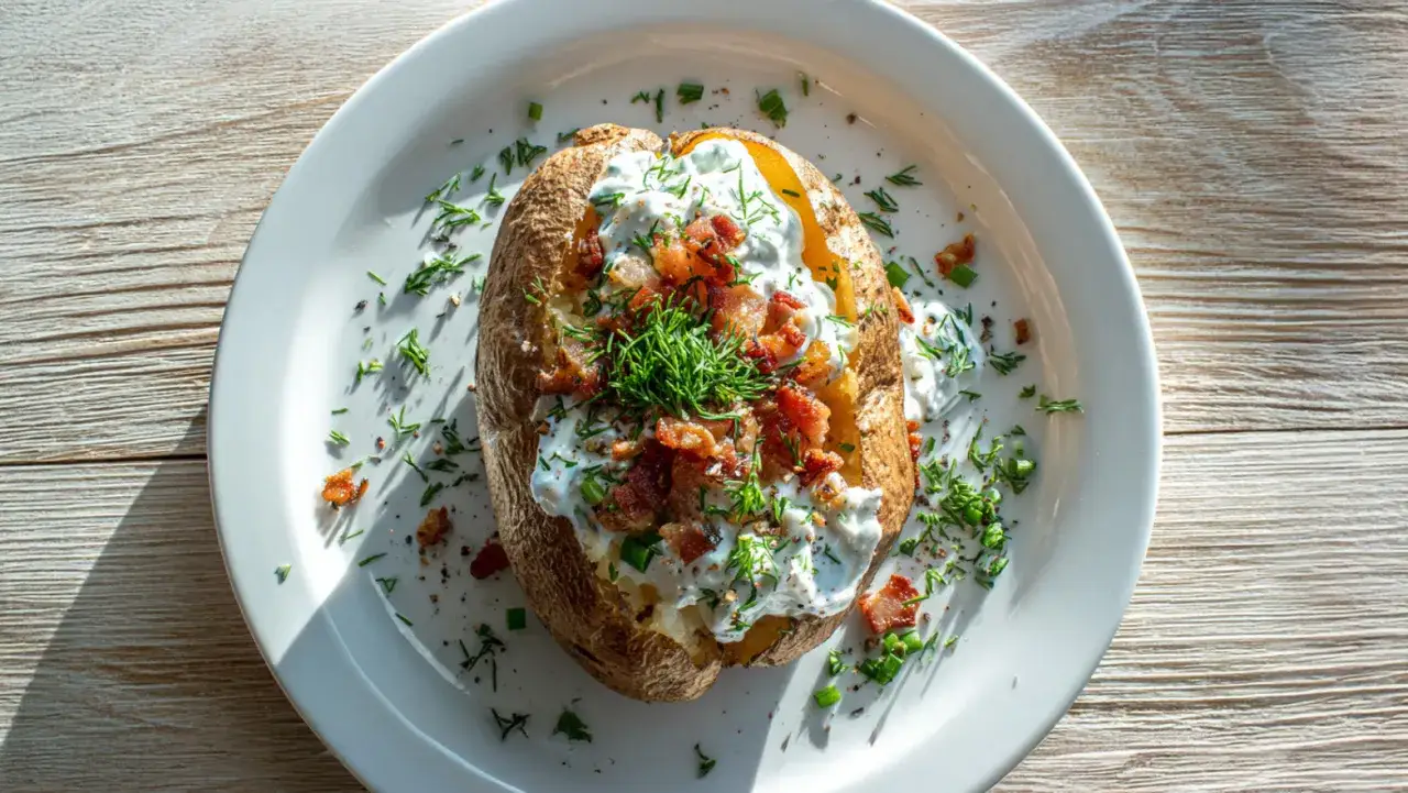 Ofenkartoffeln rezept: Eine gebackene Kartoffel mit Sauerrahm, Speck und Dill garniert, auf einem wei&szlig;en Teller serviert.