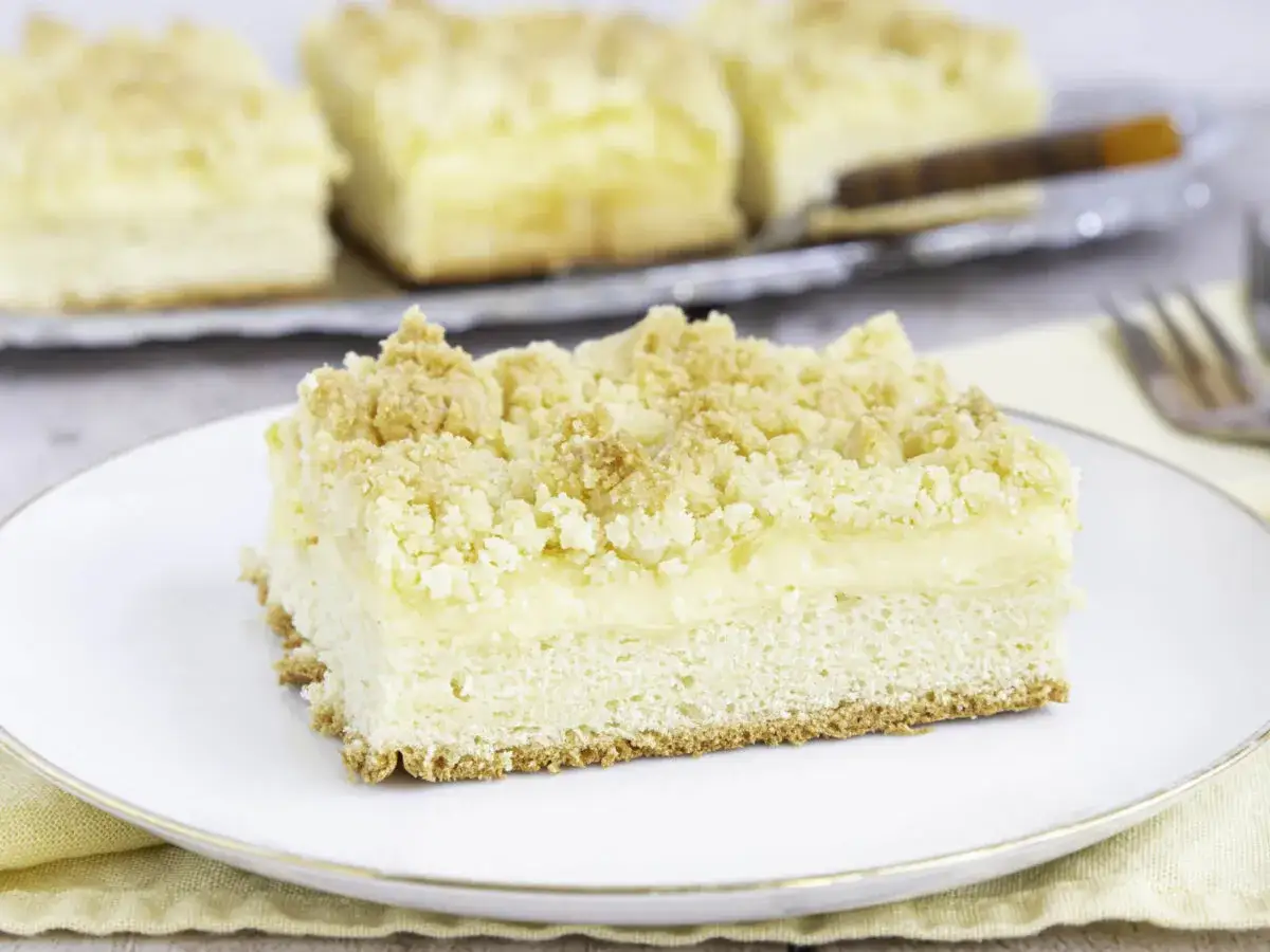 Ein Stück Streuselkuchen mit Pudding, goldbraun gebacken, mit knusprigen Streuseln obendrauf.