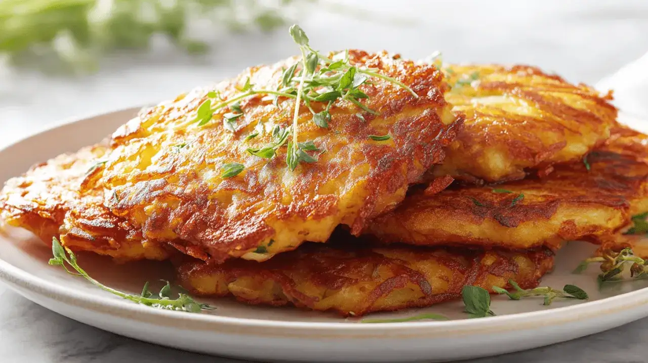 Goldbraune Kartoffelpuffer im Airfryer, knusprig und appetitlich, garniert mit frischen Kräutern auf einem Teller.