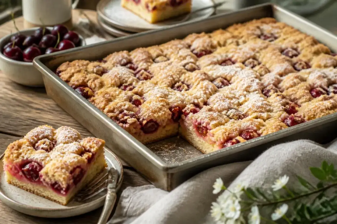 Ein saftiger Kirschstreuselkuchen im Blech, bestäubt mit Puderzucker. Daneben eine Schale frische Kirschen und ein Stück Kuchen auf einem Teller.