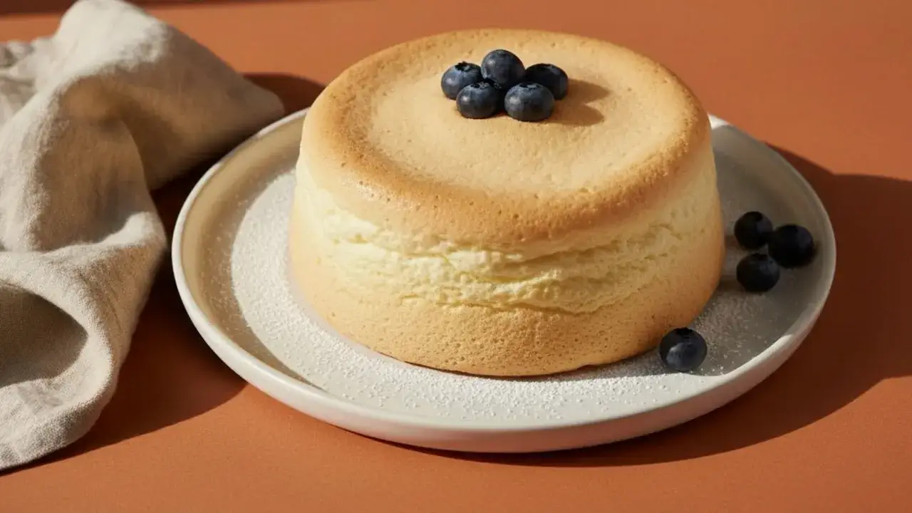 Ein luftiger Wolkenkuchen, garniert mit Blaubeeren, wartet auf sein Wolkenkuchen Rezept.