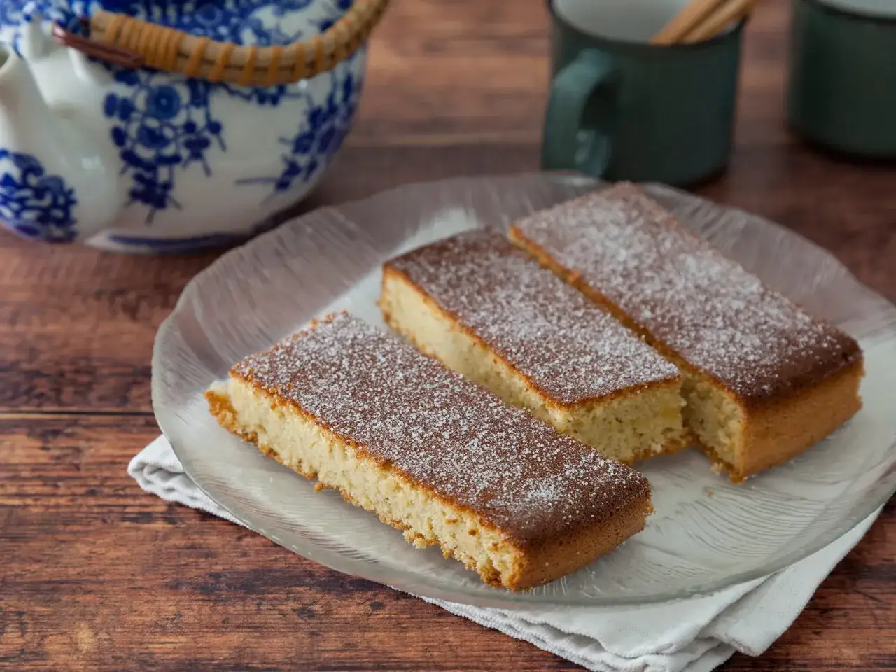 Saftiger mandelkuchen vom blech, bestäubt mit Puderzucker, auf einem Glas-Teller.