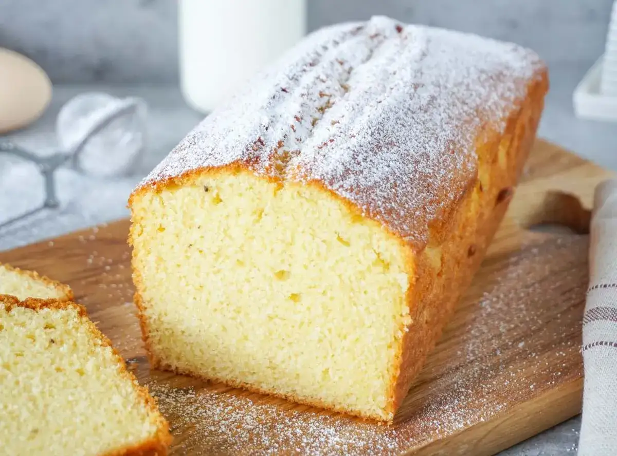Ein goldbrauner, einfacher Kuchenteig, bestäubt mit Puderzucker, liegt auf einem Holzbrett. Daneben liegen zwei Scheiben Kuchen.