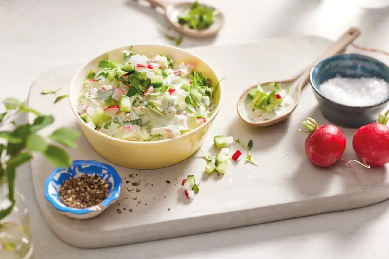 Frischer Radieschensalat mit Gurke und Kräutern in einer gelben Schüssel, inspiriert von Radieschen Rezepten. Daneben liegen frische Radieschen.