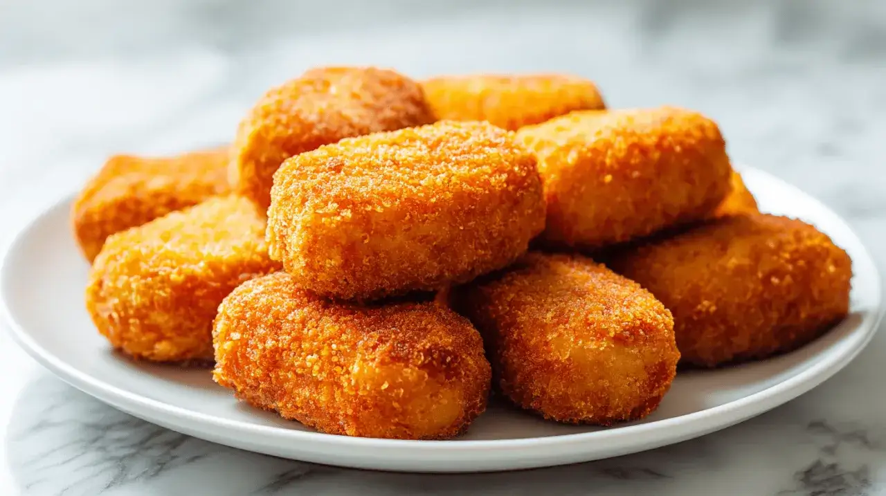 Goldbraune, knusprige kroketten aus kartoffelbrei auf einem weißen Teller.