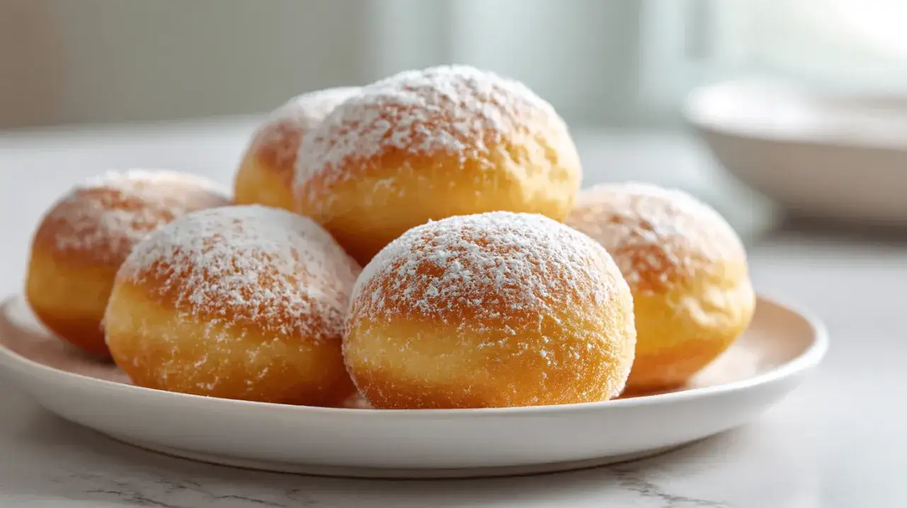 Saftige Krapfen im Airfryer, mit Puderzucker bestäubt, auf einem Teller angerichtet.
