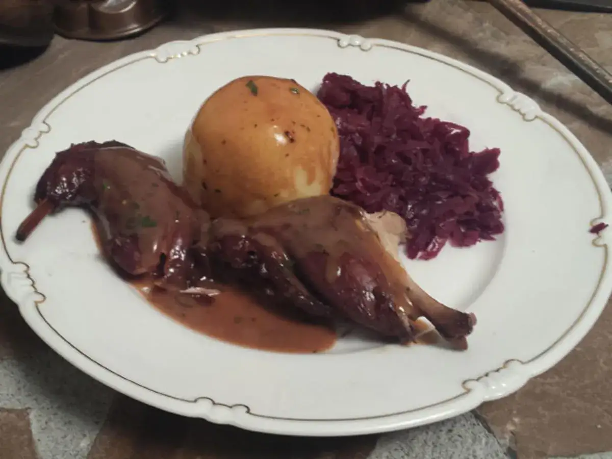 Zwei Kaninchenbraten in dunkler Sauce, serviert mit Klößen und Rotkohl auf einem Teller.