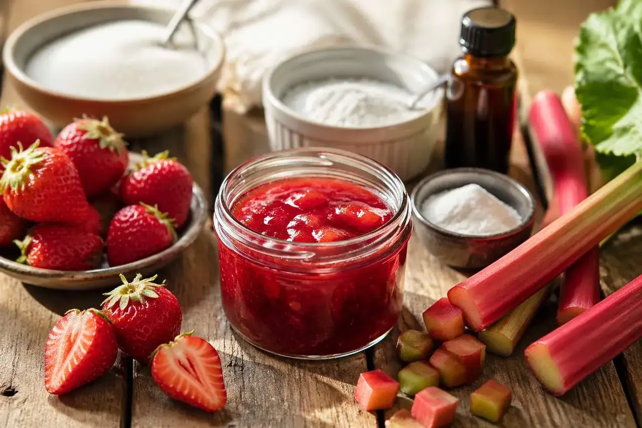 Frische Erdbeeren und Rhabarber liegen neben einer Schüssel Zucker und einem Glas selbstgemachter Erdbeer Rhabarber Marmelade.