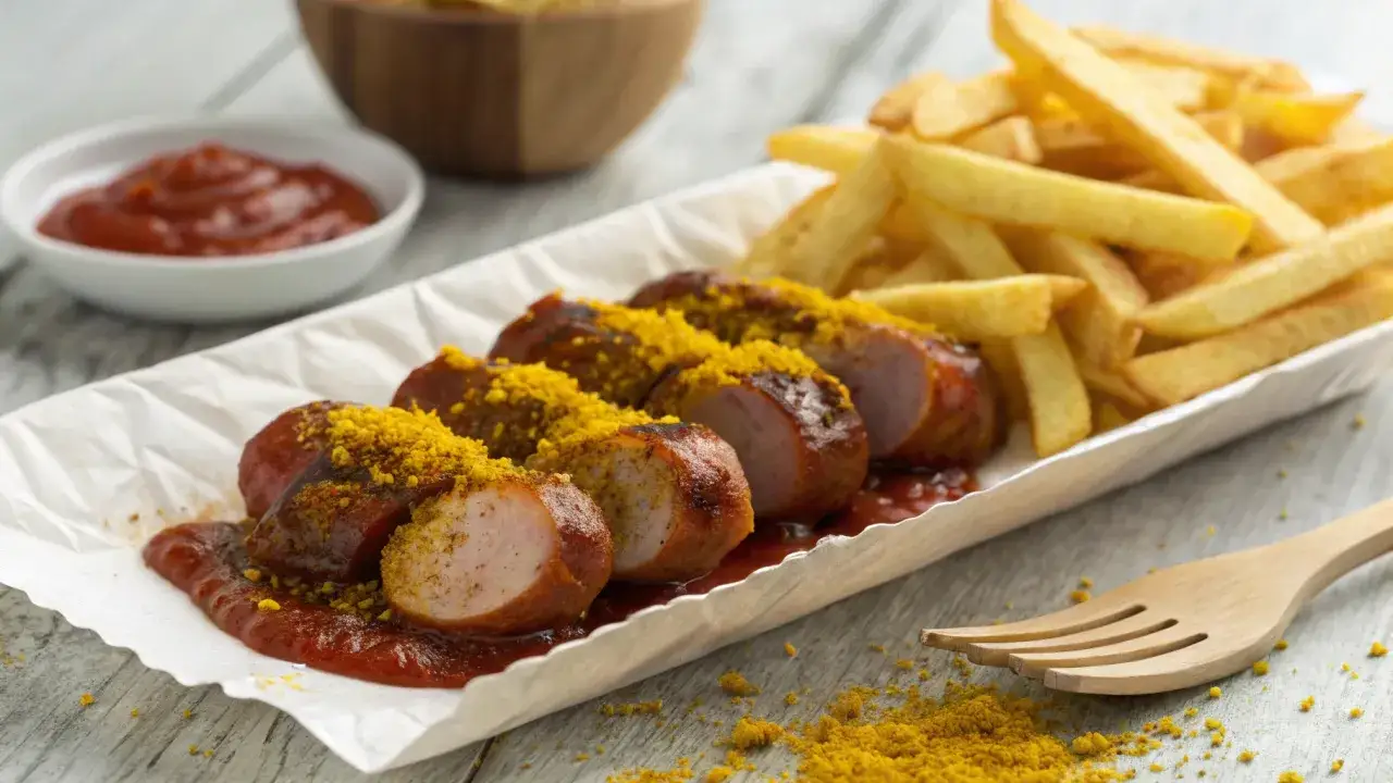 Eine leckere Currywurst im Backofen, mit Pommes und Ketchup. Perfekt f&uuml;r den kleinen Hunger!