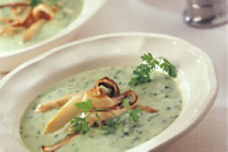 Grüne Suppe mit Kräutern und knusprigen Einlagen, inspiriert von Sauerampfer-Rezepten.