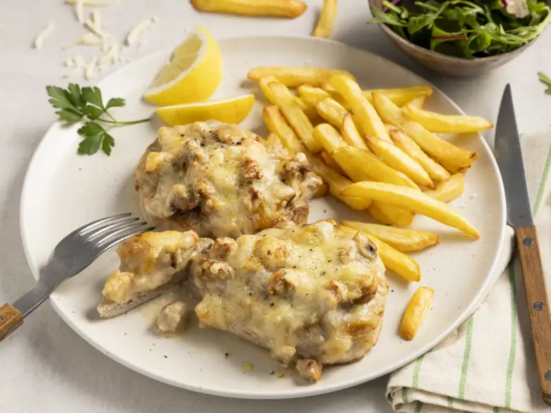 Zwei saftige Steak au Four mit geschmolzenem Käse, dazu knusprige Pommes Frites, Zitronenspalten und ein kleiner Salat.