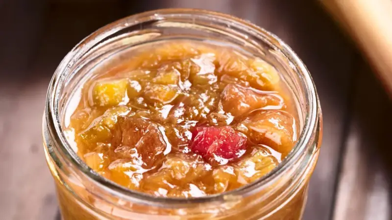 Ein Glas mit leuchtend rotem und goldenem Rhabarber-Chutney, bereit zum Genießen.